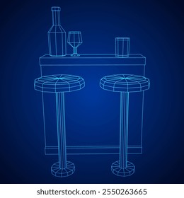 Barra de bar con taburetes, barra superior con botellas y vasos. Ilustración vectorial de malla de polietileno baja.