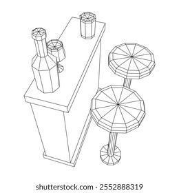 Barra de bar con taburetes, barra superior con botellas y vasos. Ilustración vectorial de malla de polietileno baja.