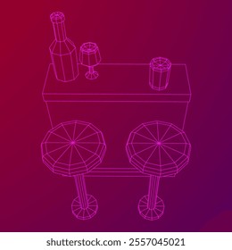 Bar counter with stools, bar top with bottles and glasses. Wireframe low poly mesh vector illustration.