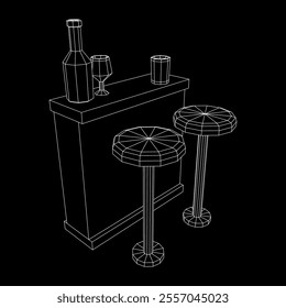 Bar counter with stools, bar top with bottles and glasses. Wireframe low poly mesh vector illustration.