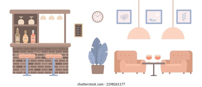 Bar counter, two soft cozy armchairs and coffee table with alcohol drinks on white background. Interior concept. Cartoon flat style. Vector illustration

