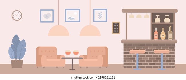 Bar counter, two soft cozy armchairs and coffee table with alcohol drinks. Cartoon flat style. Interior concept.  Vector illustration