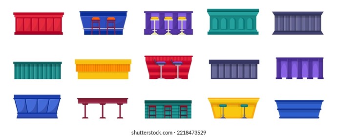 Bar counters with and without stools vector illustrations set. Collection of cartoon drawings of colorful wooden tables for pubs, bars and clubs isolated on white background. Alcohol, interior concept