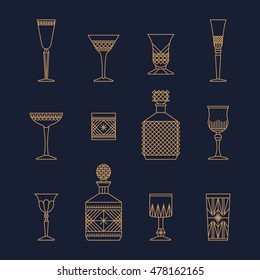 Bar crystal glasses vector icons set, thin line style. Vector flat illustration