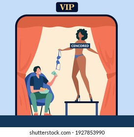 Los clientes de los bares observan el baile de striptease. Trabajo de bailarín de tubo, zona vip, cliente de club de striptease. Ilustración vectorial plana. Espectáculo para adultos, concepto de entretenimiento para banner, diseño de sitios web o página web de aterrizaje