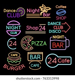 Bar, dance club cafe neon signs isolated on black background. Neon sign for cafe or bar, bright illuminated glowing banner, vector illustration