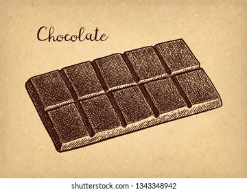 Bar of dark chocolate. Ink sketch on old paper background. Hand drawn vector illustration. Retro style. 