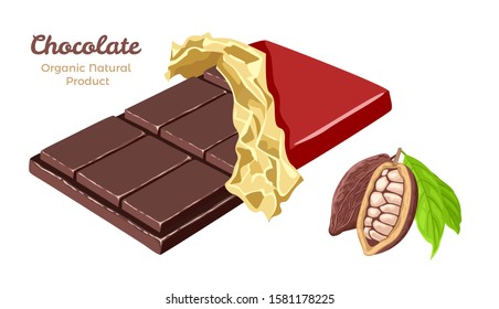 Bar of dark chocolate in red wrapper isolated on white background. Vector illustration of sweets in golden foil and cocoa beans in cartoon simple flat style.