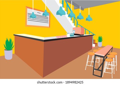 the bar design is simple and looks minimalist.
there are only chairs, coffee machines and tables.