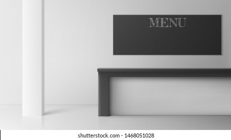 Bar desk in cafe or coffee shop, empty cafeteria interior design with counter table and blackboard with chalk menu inscription, monochrome visualization projection. Realistic 3d vector illustration