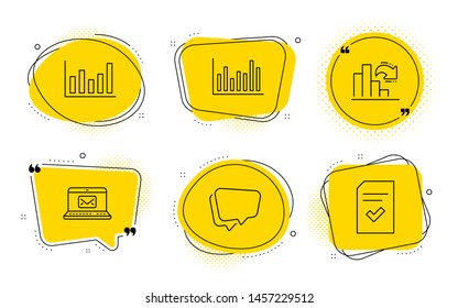 Bar diagram, Decreasing graph and Checked file signs. Chat bubbles. E-mail, Column chart and Speech bubble line icons set. New message, Financial graph, Chat message. Statistics infochart. Vector
