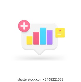 Gráfico de diagrama de barras añadir consejos rápidos gestión de negocios de análisis de iconos 3d Ilustración vectorial realista. Análisis comercial estadística productividad eficiente panel unido proceso de desarrollo de datos gráficos