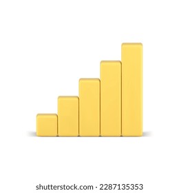 El diagrama de barras incrementa la información de crecimiento de la columna gráfica del gráfico Icono 3d amarillo ilustración vectorial realista. Nivel de tendencia de paso infográfico aumento estadístico análisis de informes empresariales visualización de datos