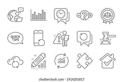 Bar diagram, Recovery data and Clock line icons set. Update data, Judge hammer and Strategy signs. Quickstart guide, Cloud sync and Edit statistics symbols. Line icons set. Vector