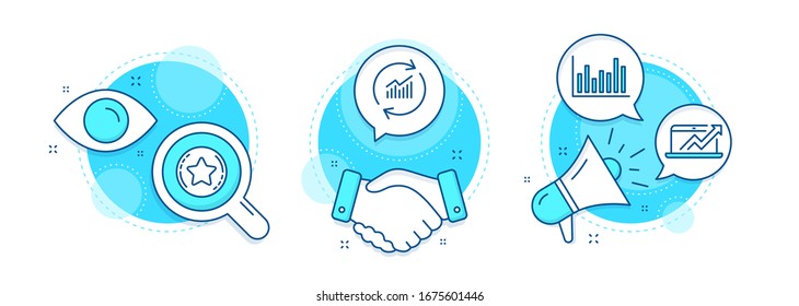 Bar diagram, Sales diagram and Update data line icons set. Handshake deal, research and promotion complex icons. Loyalty star sign. Statistics infochart, Sale growth chart, Sales statistics. Vector