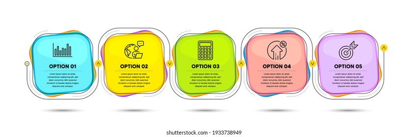 Bar diagram, Target and Loan percent line icons set. Timeline process flowchart. Calculator sign. Statistics infochart, Targeting, Growth rate. Accounting device. Finance set. Vector