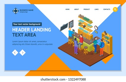 Bar Drinking Interior Landing Web Page Template Isometric View Include of Table, Chair and Alcohol. Vector illustration of Beer Pub