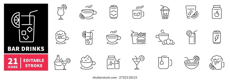 Bar drinks editable line icons set: cocktails, beverages, refreshments