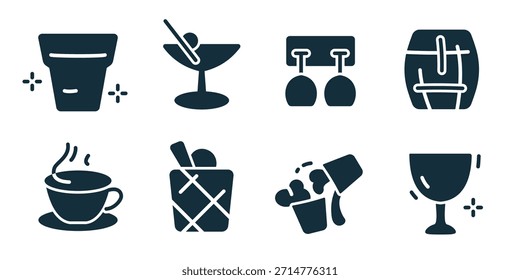 Bar e bebidas excelente coleção de ícones. Conjunto de coquetéis de vidro, copos de vinho, barril, copo, balde de gelo, caneca, material de vidro e ícones de salpicos de bebida