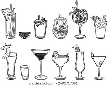 Bar drinks in glasses line drawing vector illustration set.