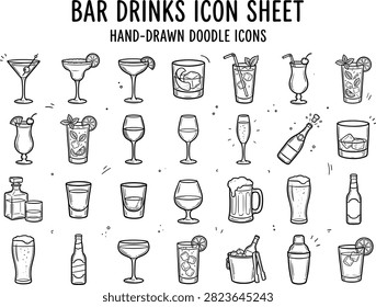 Bar Drinks Icon Sheet - Cocktail, Wine, Beer, Champagne and Whiskey Hand-Drawn Doodle Vector Icons