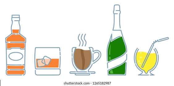 Bar drinks icons set: bottle of whiskey, glass of whiskey with ice, cup of coffee, bottle of champagne, lemon fresh.