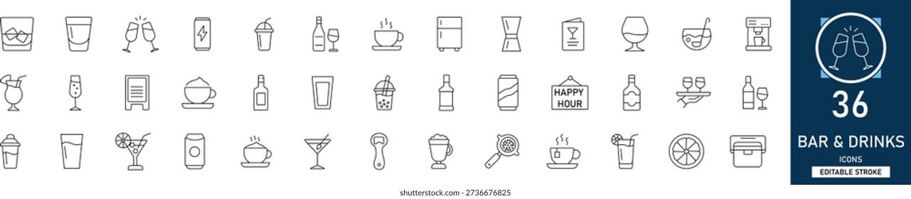 Bar  and  drinks line icon set with 36 icons showing bar, drinks, alcohol, cocktail, beverage, party, nightlife, and club. Clean linear vector with editable stroke