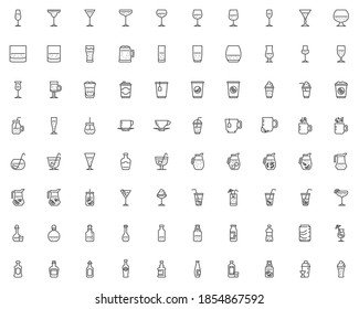 Bar Drinks Line Icons Set. Linear Style Symbols Collection, Outline Signs Pack. Pub Beverages Vector Graphics. Set Includes Icons As Beer Mug, Bartender Shaker, Water Bottle, Wine Glass, Vodka Shot