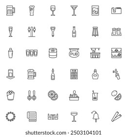 Conjunto de iconos de línea de bebidas de barra. colección de símbolos de estilo lineal, paquete de signos de contorno. Gráficos de Vector de bebidas y bebidas. El sistema incluye iconos como barra de bar, barman, botella de cerveza, copa de vino, botella de cerveza