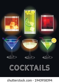 Bar drinks multicolored glowing cocktails in neon on a black background