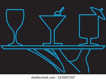 
Bar. Drinks, Restaurant. Waiter's hand holding a tray with a glass of beer, a vermouth and a cocktail