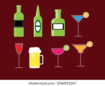 Bar Drinks Set Flat Style. Alcohol drink or beverage concept vector art