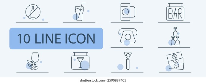 Bar and drinks set icon. No alcohol, cocktail, coffee cup, bar sign, telephone, champagne tower, wine and cheese, martini glass, bottle opener, money stack.