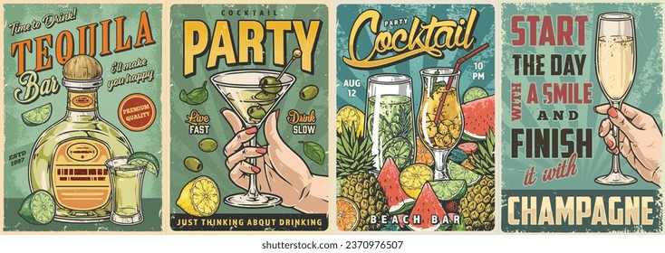 Bar drinks set posters colorful with tequila bottle and champagne in hand near glasses with beach cocktails vector illustration