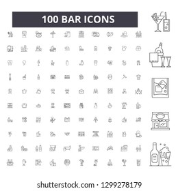 Bar editable line icons, 100 vector set, collection. Bar black outline illustrations, signs, symbols