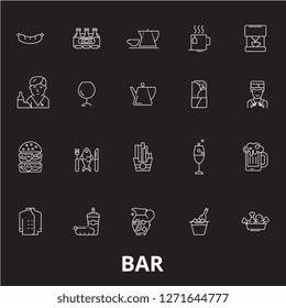 Bar editable line icons vector set on black background. Bar white outline illustrations, signs, symbols