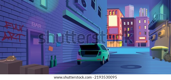 Bar\
entrance, closed door. Dark back street alley with a door to a bar,\
a trash can, a car with an open trunk at night in cartoon style.\
Background for games and mobile applications.\
