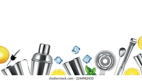 Bar equipment realistic composition with stainless steel accessories for making cocktails ice cubes mint lemon slices on white background vector illustration