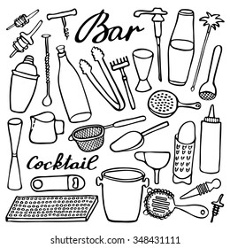 Bar equipment set. Hand-drawn cartoon collection of bartender stuff. Doodle drawing. Vector illustration