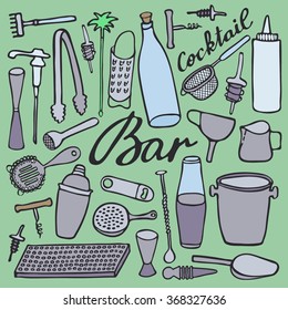 Bar equipment set. Hand-drawn cartoon collection of bartender stuff on the blurred background. Doodle drawing. Vector illustration