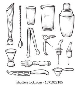 Bar equipment sketch black and white illustrations set. Hand drawn bartending kit. Cocktail Shaker, mixing glasses, bar spoons, cocktail jigger, liquor bottle pourer isolated on white background