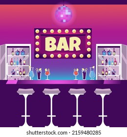Bar establishment empty interior background with bar counter and neon banners, flat vector illustration. Inside bar or pub. Establishment for sale of alcoholic products.