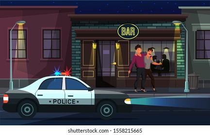 Bar exterior flat vector illustration. Drunk male pub visitors cartoon characters. Police patrol car near bar building. Town street patrolling. Law and order, crime prevention, policing concept