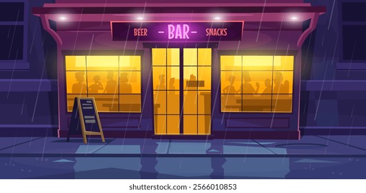 Bar facade exterior at night with rain, illuminated building, neon signboard, and fast food entrance with silhouettes of people inside. Lively party nightlife concept. City or social event design.