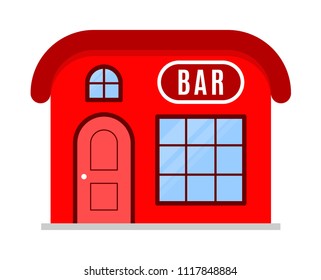 Bar. The facade of the house is in a flat style. The front side of the building. Simple, cute, stylish drawing. Vector illustration in shades of red isolated on white background.