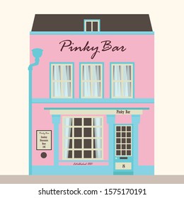Bar facade. Retro style house vector illustration in blue and pink colors