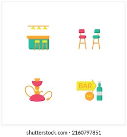 Bar flat icons set. Bar counter, chairs, sign, hookah.Cocktail party and drinking establishment concept. 3d vector illustrations