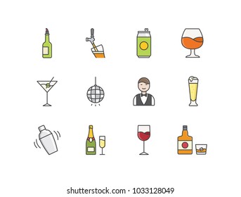 Bar flat line colored icons set with tap pouring beer, can, cognac, martini, mirror ball, bartender, pilsner, shaker, champagne, wine, whiskey.