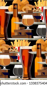 Bar food and craft beer seamless pattern in yellow golden hue.Vector alcohol and snacks poster with bottles, glasses of ale,onion rings,fried calamari, garlic croutons, fries for decoration club, pub.