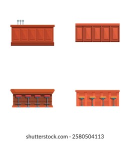 Bar furnishing icons set cartoon vector. Various bar counter and high chair. Cafe bar interior